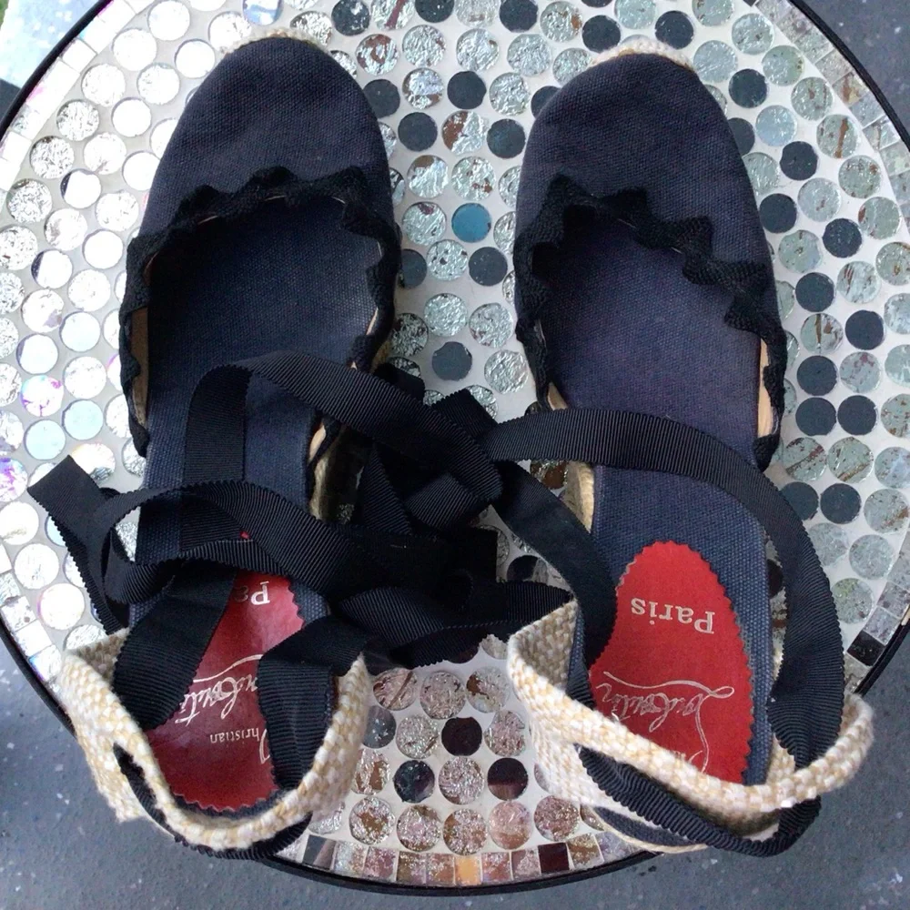 Christian Louboutin Black and Navy Espadrille Wedge Ankle Wrap Ribbon Sandals